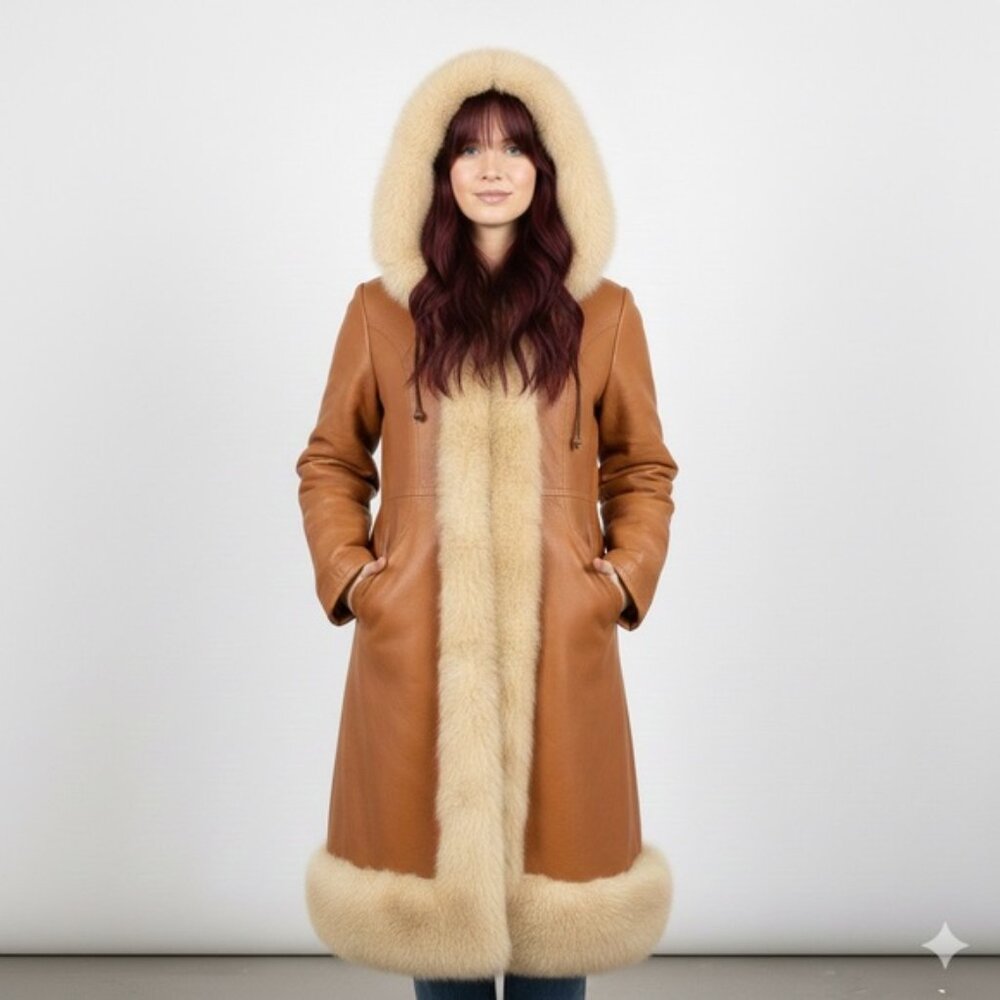 Vintage 70s Penny Lane Faux Leather Fur Trim Hooded Coat - XS/S 🇨🇦